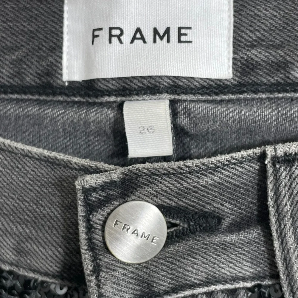 FRAME Basque‎ Rips Black Sequin Distressed Jeans Size 26 Denim High Rise Crop - Picture 5 of 9